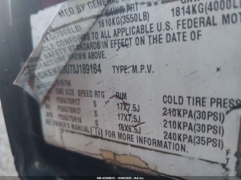 2003 GMC Yukon Denali VIN: 1GKEK63U73J189184 Lot: 43388810