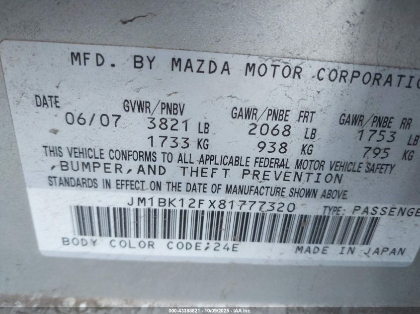 2008 Mazda Mazda3 I VIN: JM1BK12FX81777320 Lot: 43388821