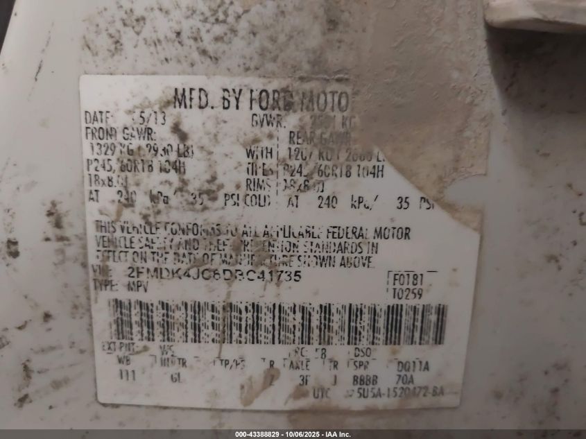 2013 Ford Edge Sel VIN: 2FMDK4JC6DBC41735 Lot: 43388829