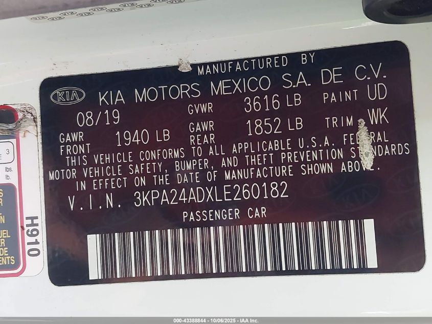 2020 Kia Rio Lx VIN: 3KPA24ADXLE260182 Lot: 43388844