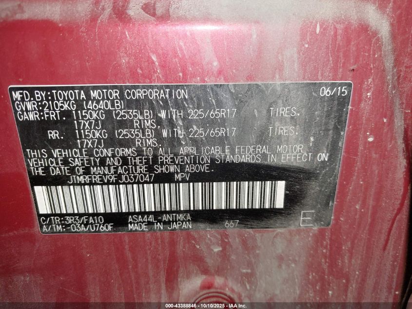 2015 Toyota Rav4 Xle VIN: JTMRFREV9FJ037047 Lot: 43388846