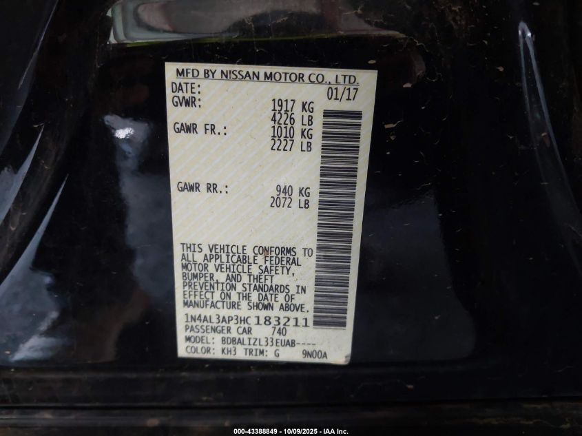 2017 Nissan Altima 2.5 Sv VIN: 1N4AL3AP3HC183211 Lot: 43388849