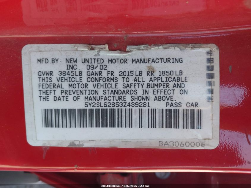 2003 Pontiac Vibe VIN: 5Y2SL62853Z439281 Lot: 43388854