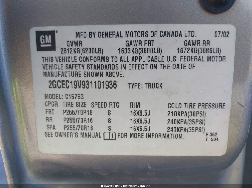 2003 Chevrolet Silverado 1500 Ls VIN: 2GCEC19V931101936 Lot: 43388856