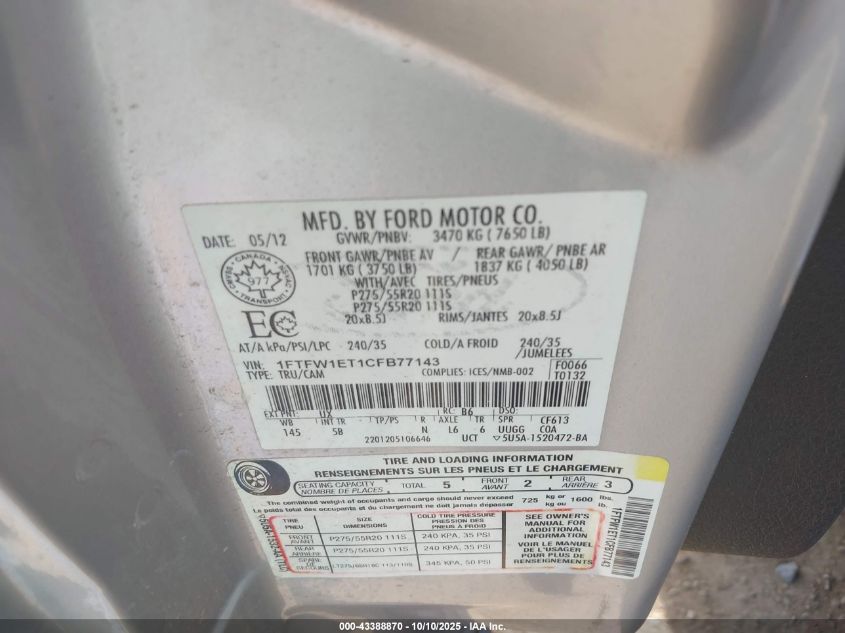 2012 Ford F-150 Fx4 VIN: 1FTFW1ET1CFB77143 Lot: 43388870