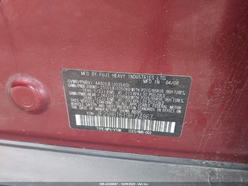 2009 Subaru Forester 2.5X VIN: JF2SH61619H724867 Lot: 43388887