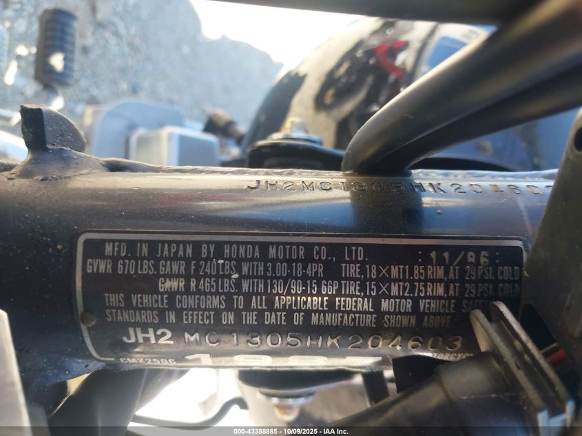 1987 Honda Cmx250 C VIN: JH2MC1305HK204603 Lot: 43388885