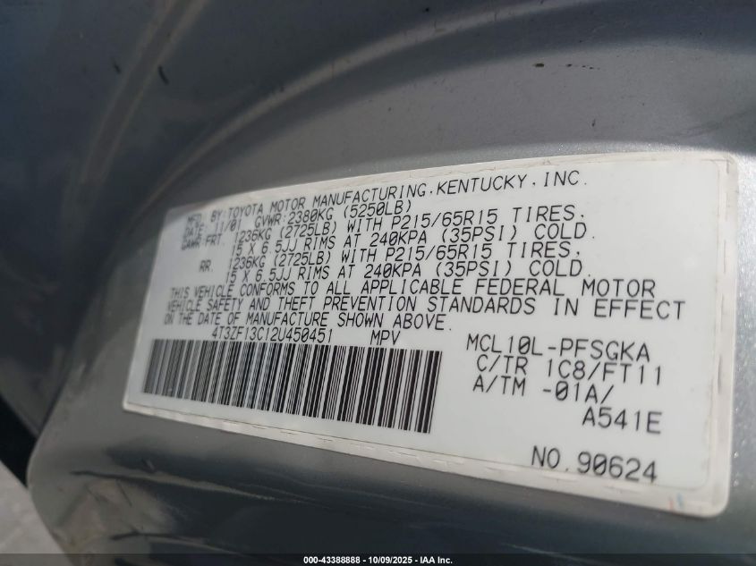 2002 Toyota Sienna Le VIN: 4T3ZF13C12U450451 Lot: 43388888