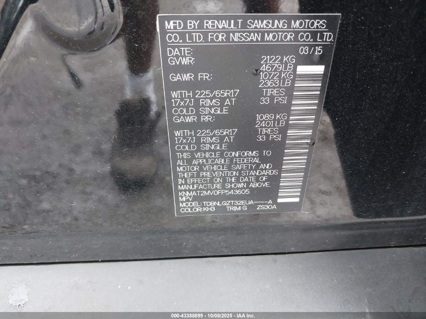 2015 Nissan Rogue Sv VIN: KNMAT2MV0FP543605 Lot: 43388899