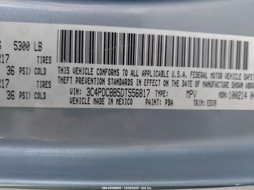 2013 Dodge Journey Sxt VIN: 3C4PDCBB5DT556817 Lot: 43388905