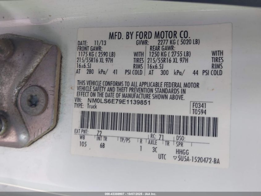 2014 Ford Transit Connect Xl VIN: NM0LS6E79E1139851 Lot: 43388907