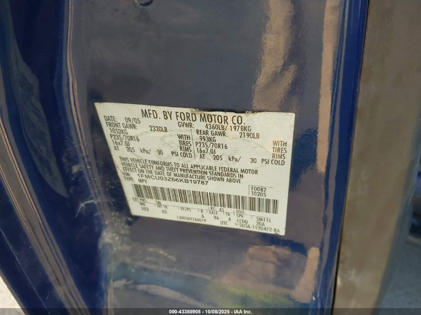 2006 Ford Escape Xlt VIN: 1FMCU03Z66KB19787 Lot: 43388908