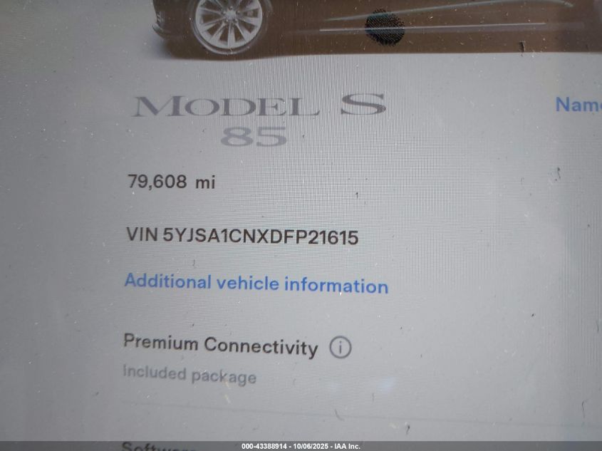 2013 Tesla Model S VIN: 5YJSA1CNXDFP21615 Lot: 43388914