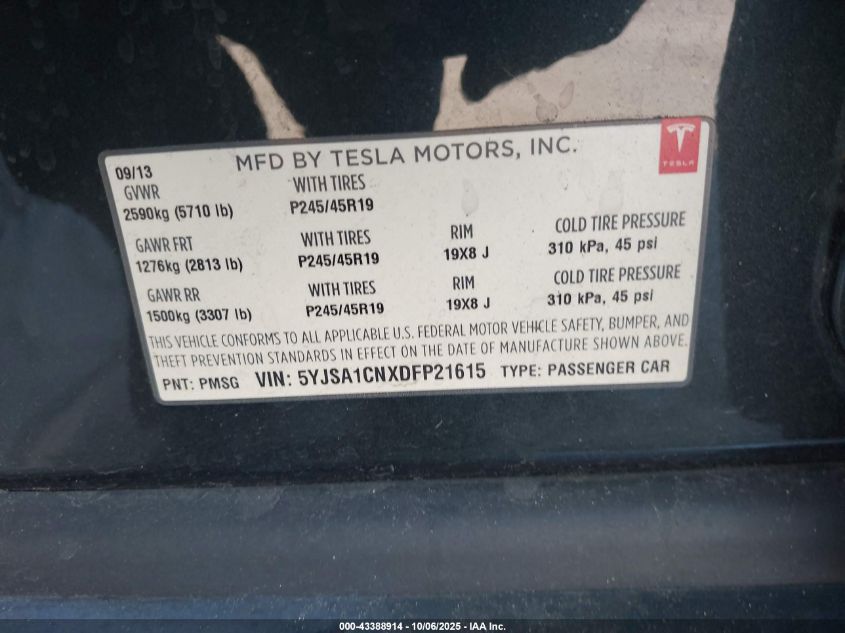 2013 Tesla Model S VIN: 5YJSA1CNXDFP21615 Lot: 43388914