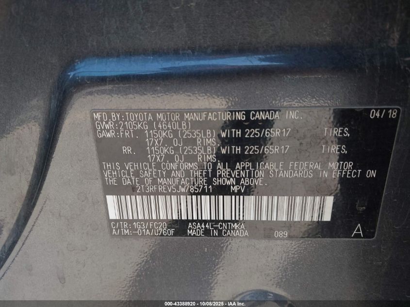 2018 Toyota Rav4 Xle VIN: 2T3RFREV5JW785711 Lot: 43388920