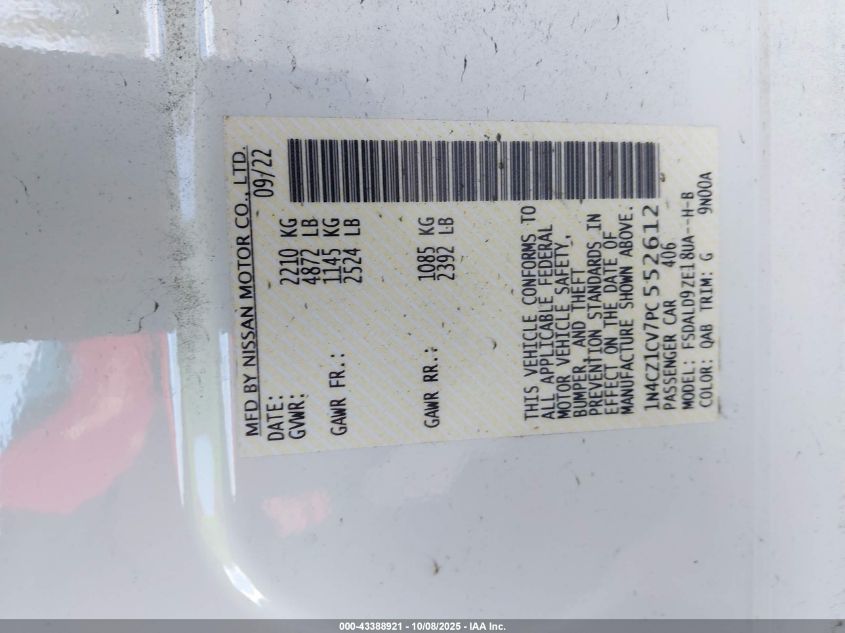 2023 Nissan Leaf Sv Plus 60 Kwh VIN: 1N4CZ1CV7PC552612 Lot: 43388921