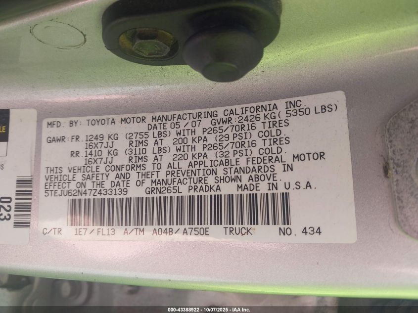2007 Toyota Tacoma Prerunner V6 VIN: 5TEJU62N47Z433139 Lot: 43388922