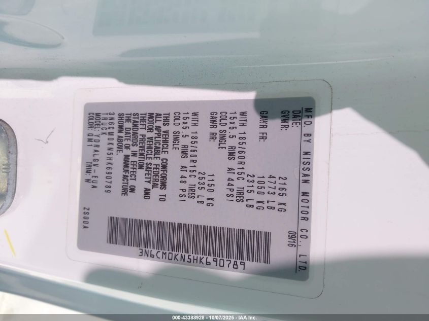 2017 Nissan Nv200 Sv VIN: 3N6CM0KN5HK690789 Lot: 43388928