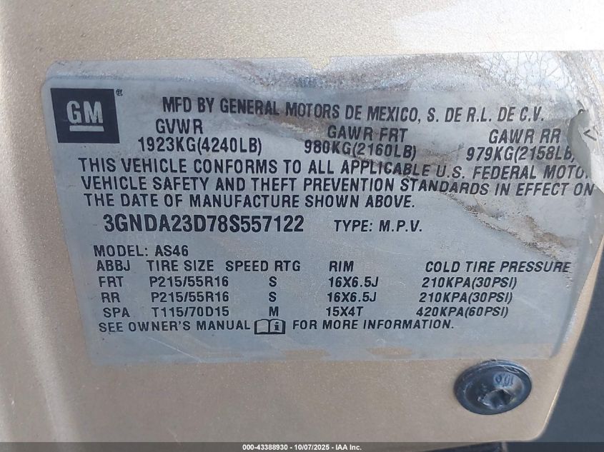 2008 Chevrolet Hhr Lt VIN: 3GNDA23D78S557122 Lot: 43388930