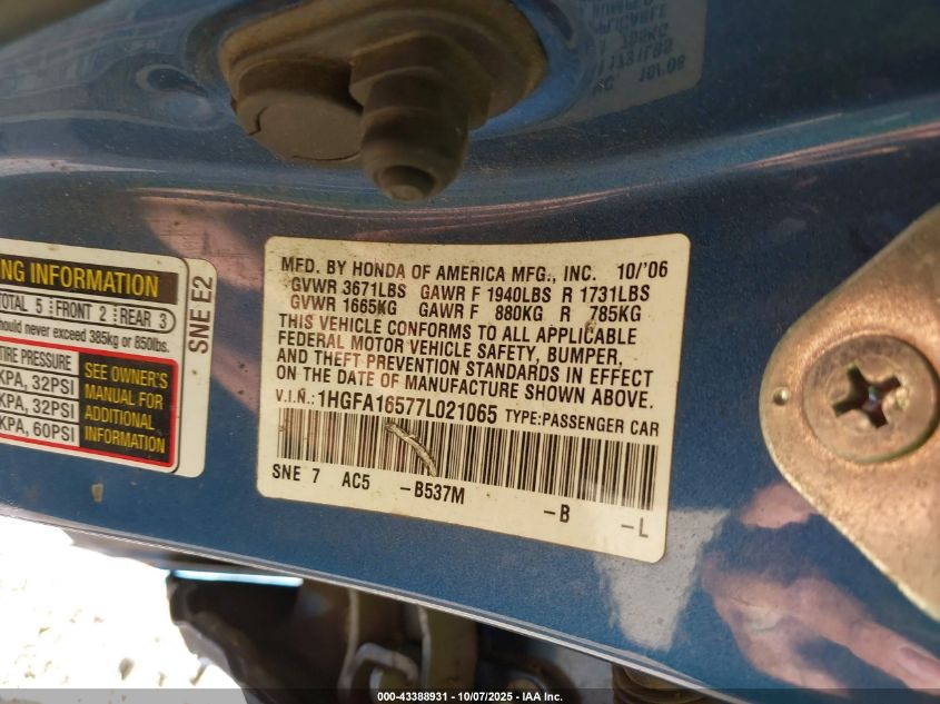 2007 Honda Civic Lx VIN: 1HGFA16577L021065 Lot: 43388931