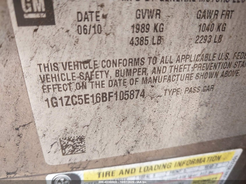 2011 Chevrolet Malibu 1Lt VIN: 1G1ZC5E16BF105874 Lot: 43388933