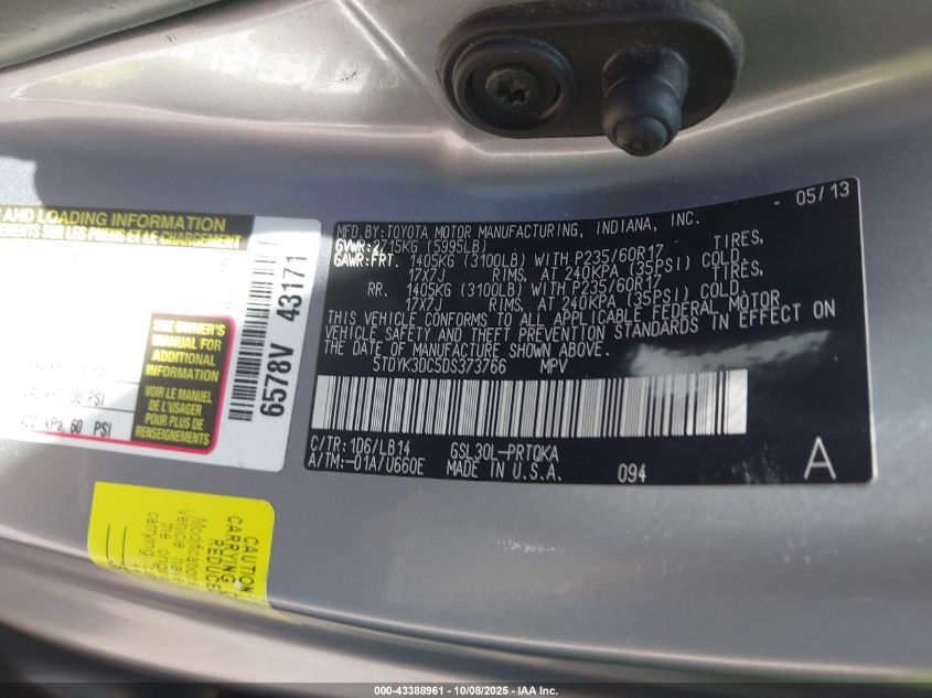 2013 Toyota Sienna Xle V6 8 Passenger VIN: 5TDYK3DC5DS373766 Lot: 43388961