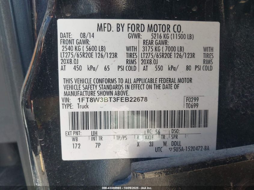 2015 Ford F-350 Lariat VIN: 1FT8W3BT3FEB22678 Lot: 43388965