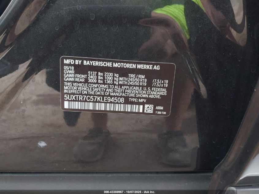 2019 BMW X3 Sdrive30I VIN: 5UXTR7C57KLE94508 Lot: 43388967
