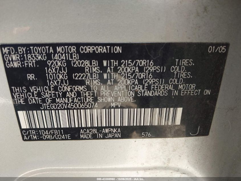 2005 Toyota Rav4 VIN: JTEGD20V450065074 Lot: 43388968