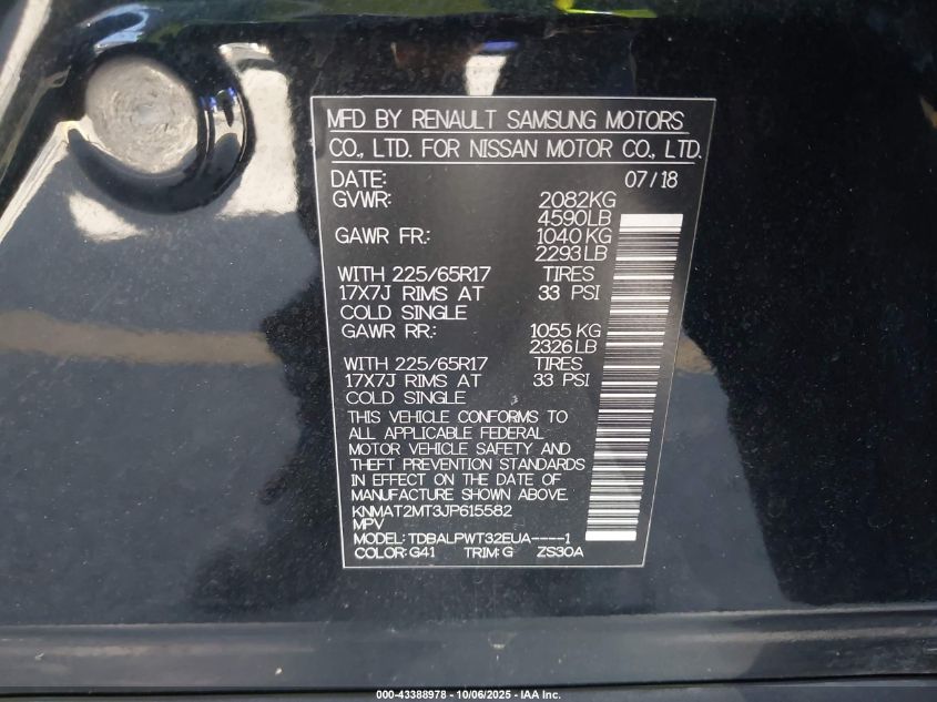 2018 Nissan Rogue S VIN: KNMAT2MT3JP615582 Lot: 43388978