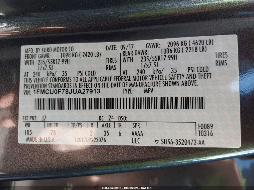 2018 Ford Escape S VIN: 1FMCU0F78JUA27913 Lot: 43388982