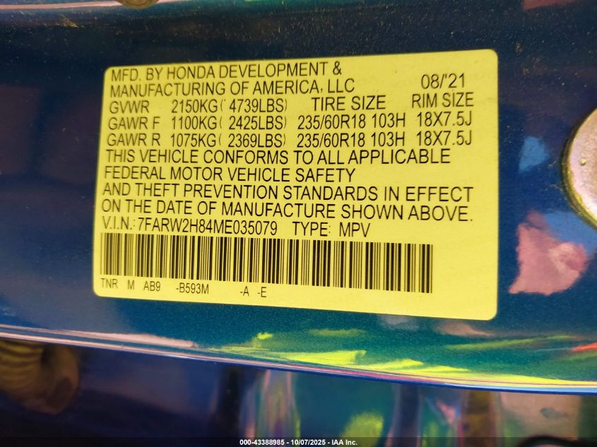 2021 Honda Cr-V Awd Ex-L VIN: 7FARW2H84ME035079 Lot: 43388985