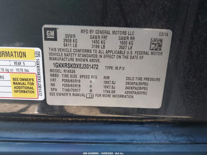 2014 GMC Acadia Slt-2 VIN: 1GKKRSKDXEJ301472 Lot: 43388993