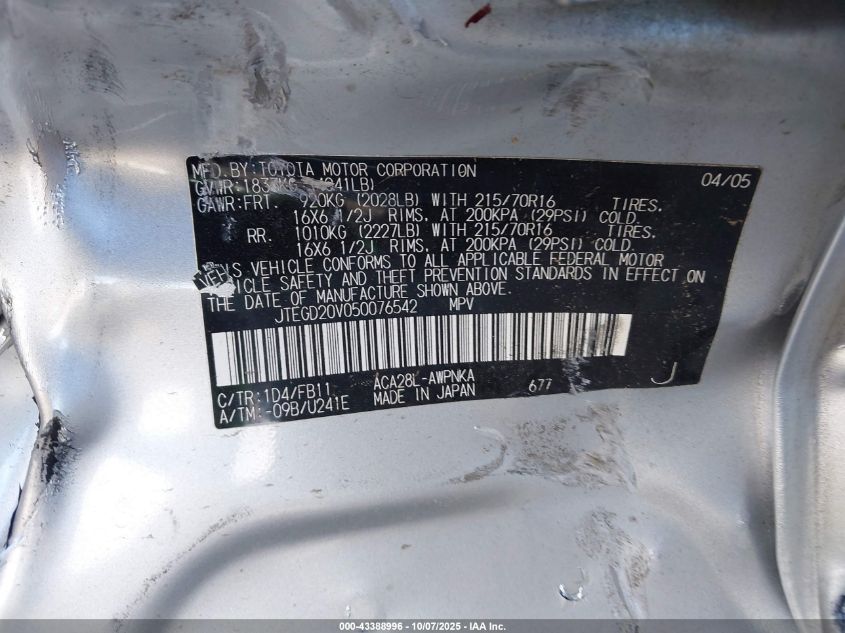 2005 Toyota Rav4 VIN: JTEGD20V050076542 Lot: 43981994