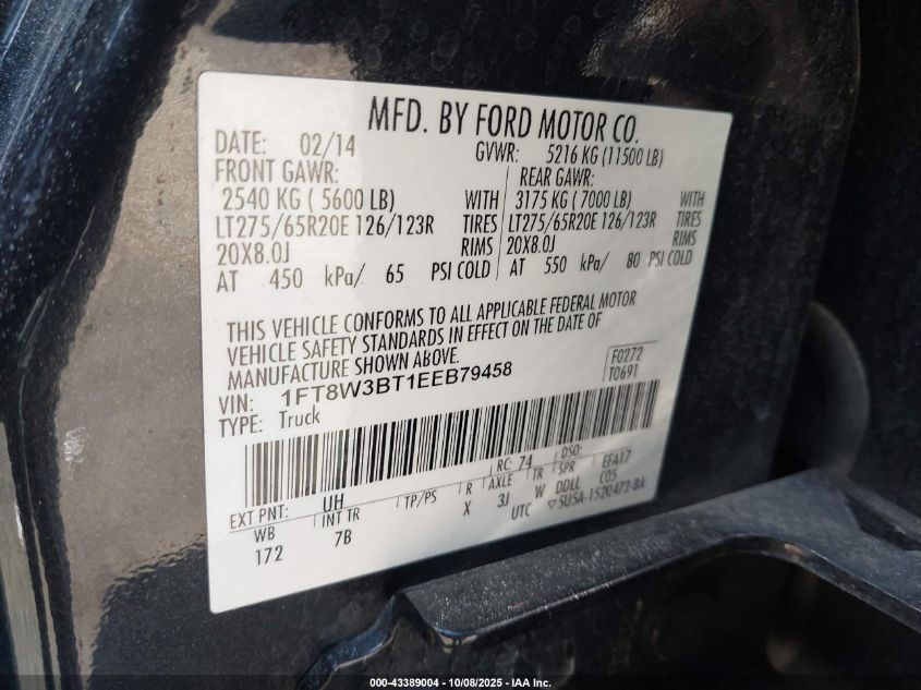 2014 Ford F-350 Lariat VIN: 1FT8W3BT1EEB79458 Lot: 43389004
