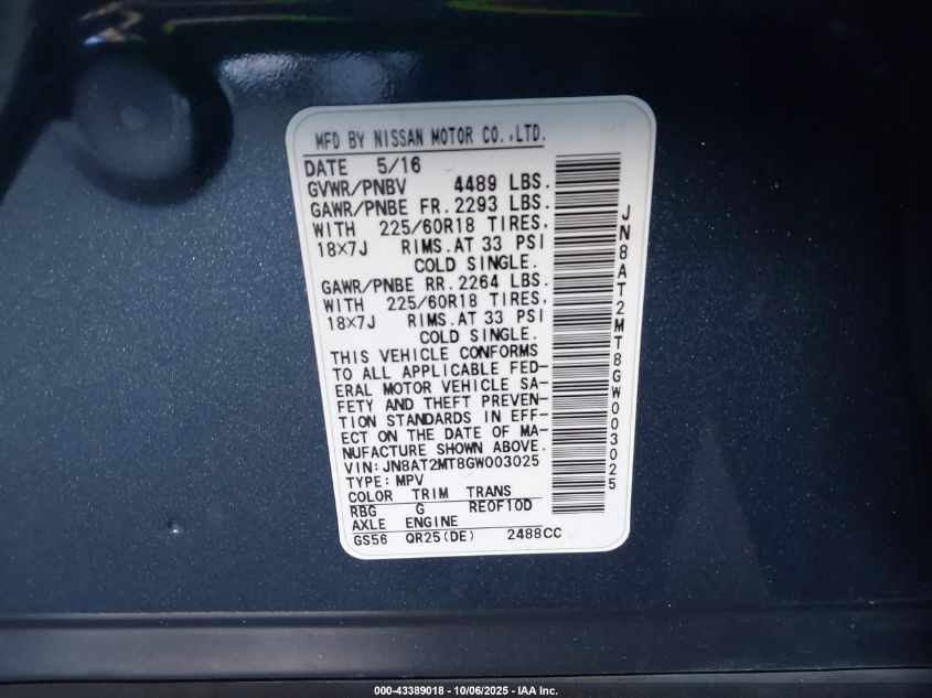 2016 Nissan Rogue Sl VIN: JN8AT2MT8GW003025 Lot: 43389018