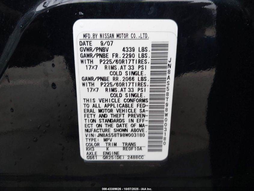 2008 Nissan Rogue Sl VIN: JN8AS58T98W003180 Lot: 43389026