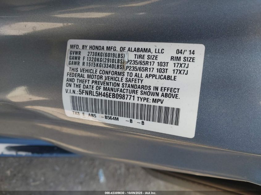 2014 Honda Odyssey Ex VIN: 5FNRL5H46EB098771 Lot: 43389030