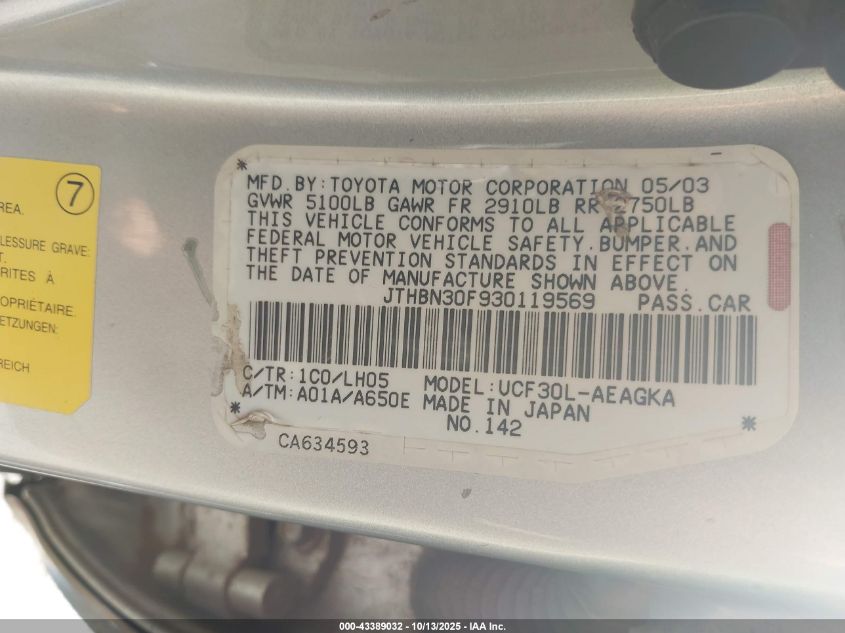 2003 Lexus Ls 430 VIN: JTHBN30F930119569 Lot: 43389032