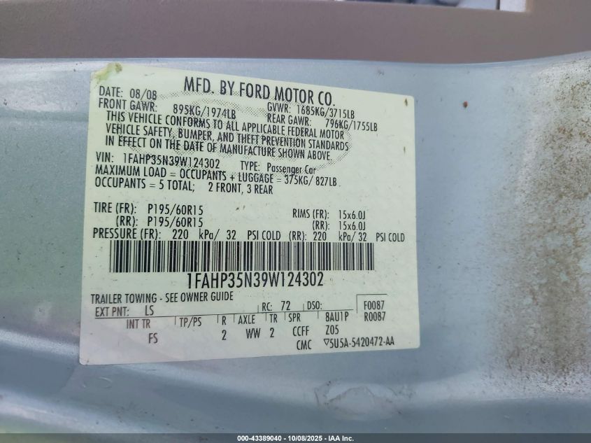 2009 Ford Focus Se VIN: 1FAHP35N39W124302 Lot: 43389040