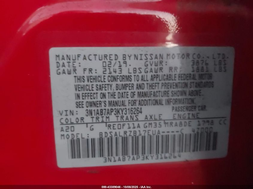 2019 Nissan Sentra Sr VIN: 3N1AB7AP3KY316264 Lot: 43389046