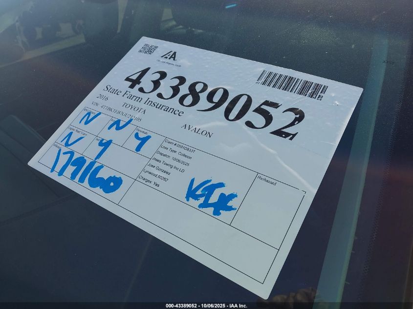 2016 Toyota Avalon Xle Plus VIN: 4T1BK1EB7GU212105 Lot: 43389052