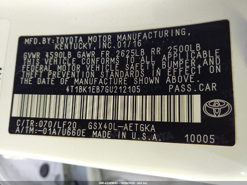 2016 Toyota Avalon Xle Plus VIN: 4T1BK1EB7GU212105 Lot: 43389052