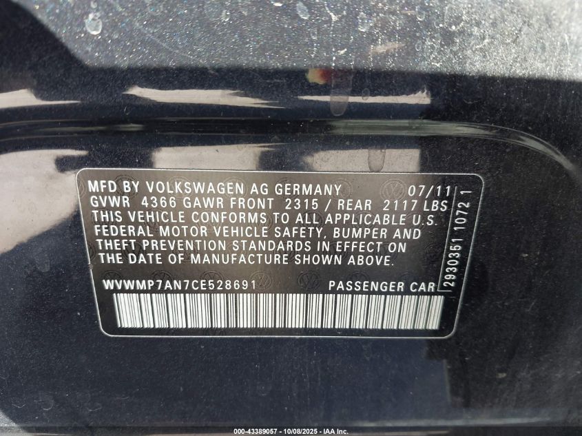 2012 Volkswagen Cc R-Line VIN: WVWMP7AN7CE528691 Lot: 43389057