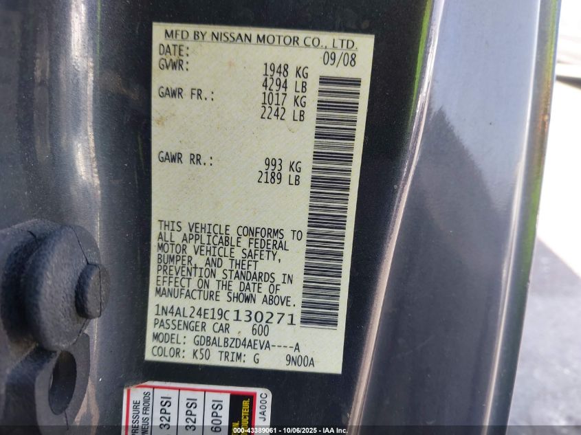 2009 Nissan Altima 2.5 S VIN: 1N4AL24E19C130271 Lot: 43389061