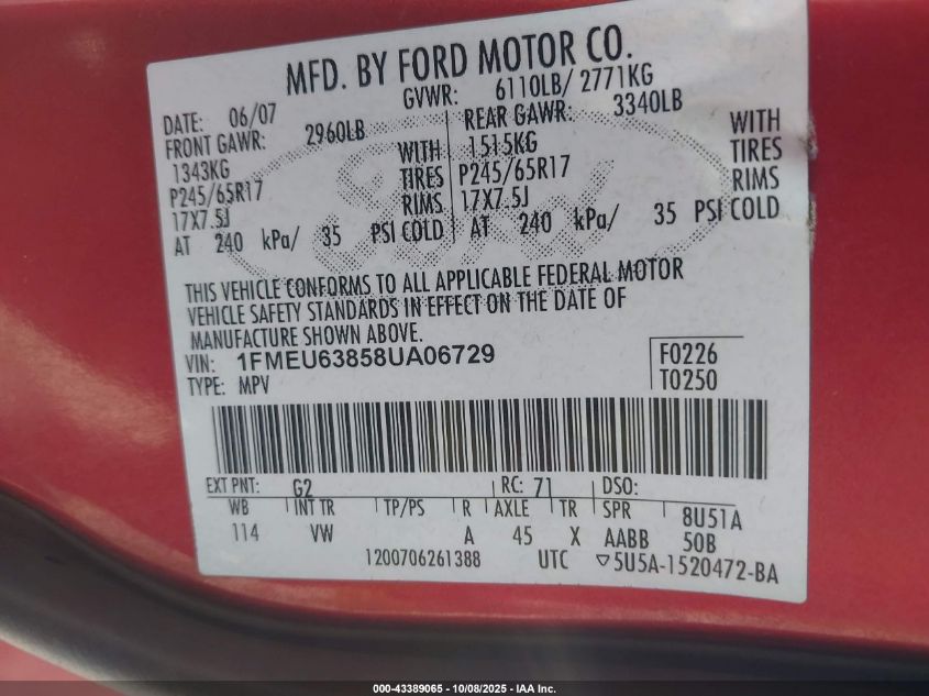 2008 Ford Explorer Xlt VIN: 1FMEU63858UA06729 Lot: 43389065