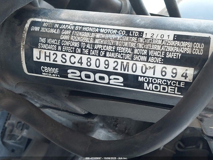 2002 Honda Cb900 F VIN: JH2SC48092M001694 Lot: 43389067