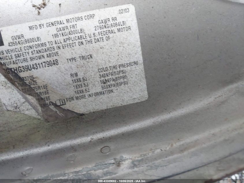 2003 GMC Savana Standard VIN: 1GTHG39U431179048 Lot: 43389082