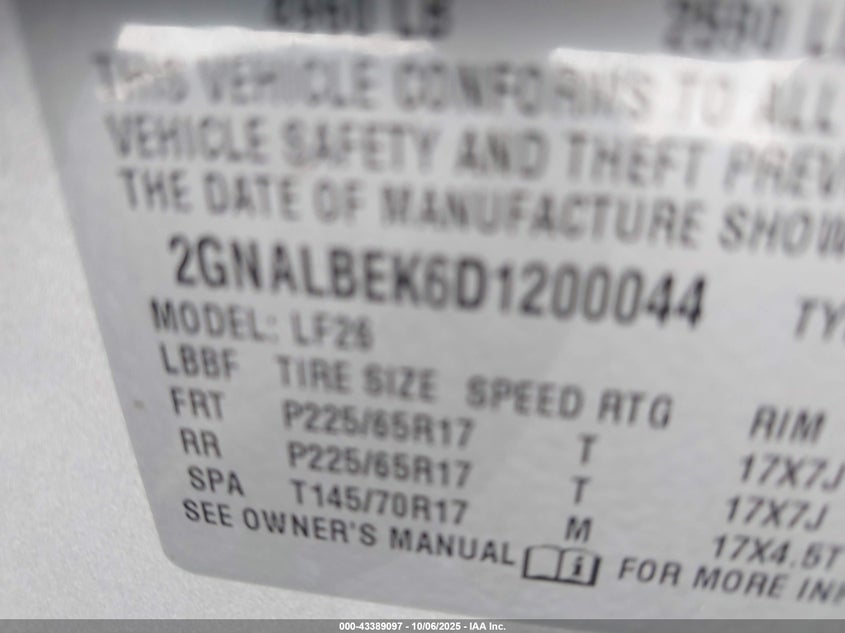 2013 CHEVROLET EQUINOX LS 2GNALBEK6D1200044