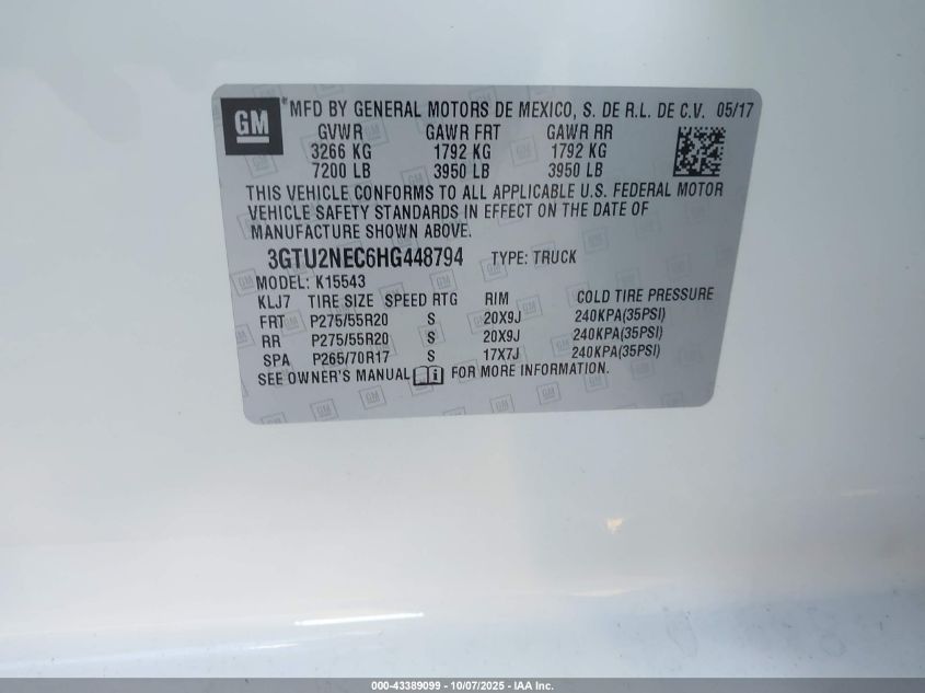 2017 GMC Sierra 1500 Slt VIN: 3GTU2NEC6HG448794 Lot: 43389099
